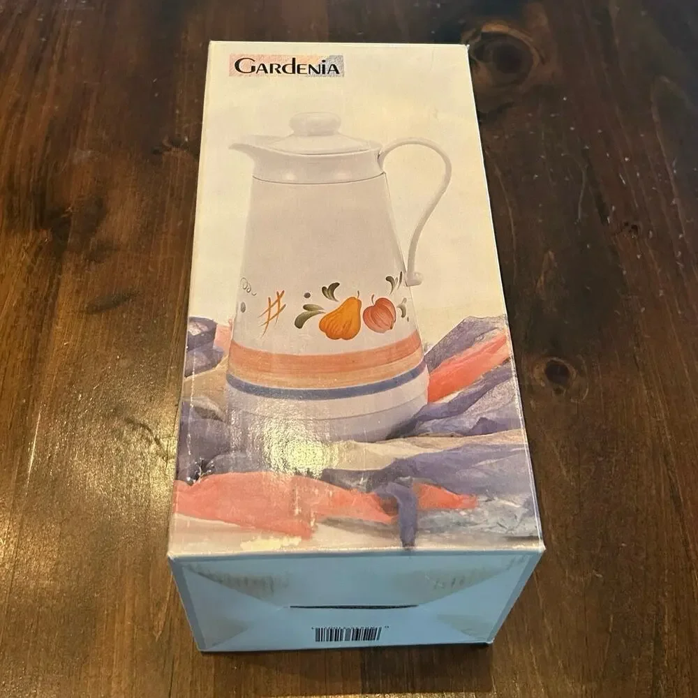 Vintage Hot Cold Vacuum White Floral‎ Flask Pitcher In Box Original Instructions